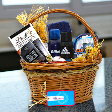Grooming and Indulgence Basket, Adidas Deo Spray, Gillette Shave Foam, Lindt Chocolate, Wooden Basket